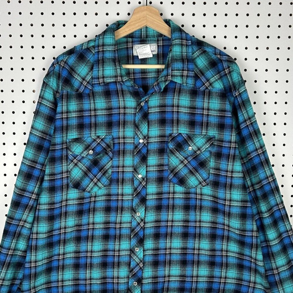Wrangler Wrancher Shirt Sz XXL Blue Teal Plaid Striped Pearl Snap Vintage Cowboy